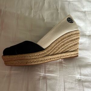 Tory Burch Black and Cream Espadrille Wedges